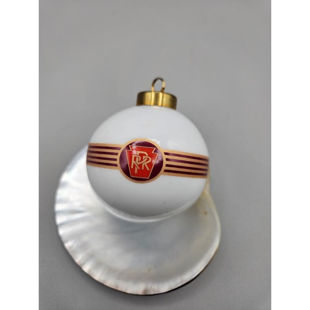 Vintage PRR Pennsylvania Railroad Christmas Ornament Milk Glass White Red Gold
